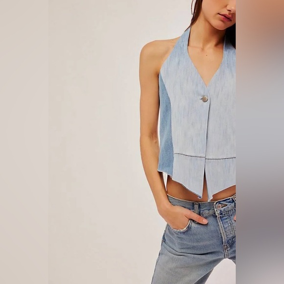 Free People Tricia Fix Split Denim Vest Halter Top Women’s Blue Size Medium - Picture 4 of 12